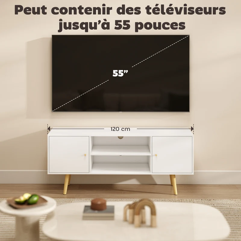 Meuble tv scandinave salon 120 x 34 x 50 cm 2 portes 2 niches passe fils rangement épuré en panneau de particules blanc 21_0003063