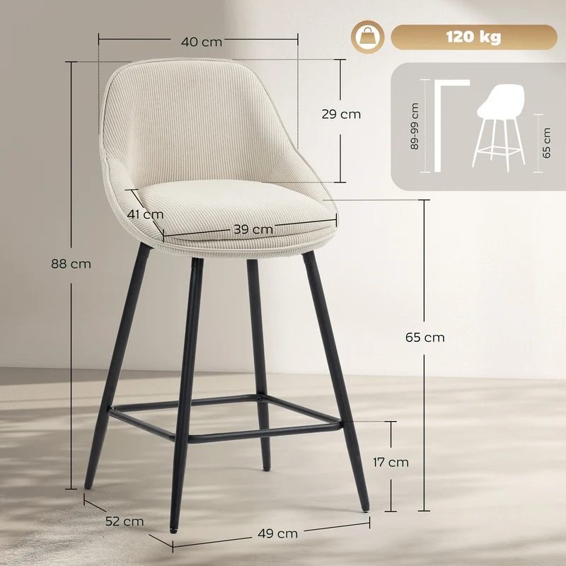 Lot de 2 tabourets de bar dossier courbé 49 x 52 x 88 cm assise rembourrée repose-pieds scandinave en velours crème 21_0003339