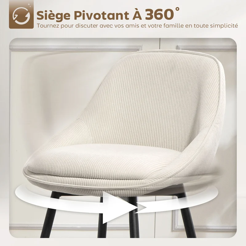 Lot de 2 tabourets de bar dossier courbé 49 x 52 x 88 cm assise rembourrée repose-pieds scandinave en velours crème 21_0003339