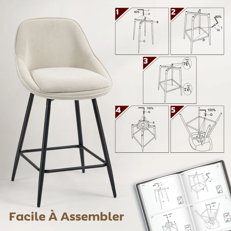 Lot de 2 tabourets de bar dossier courbé 49 x 52 x 88 cm assise rembourrée repose-pieds scandinave en velours crème 21_0003339