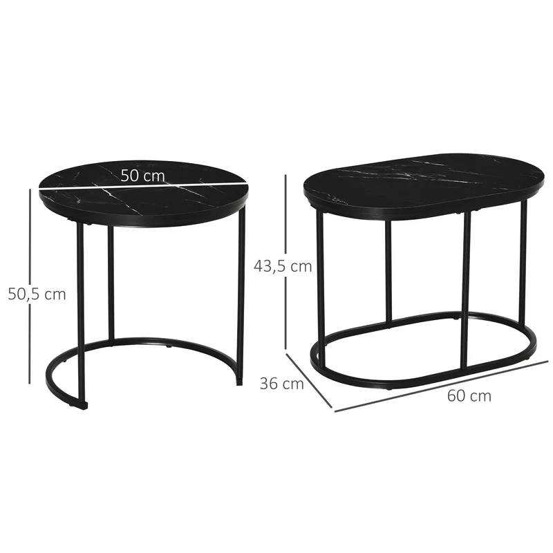 Lot de 2 tables basses gigognes encastrables salon 50 x 50.5 cm et 60 x 36 x 43.5 cm gain de place moderne en MDF noir 21_0003067