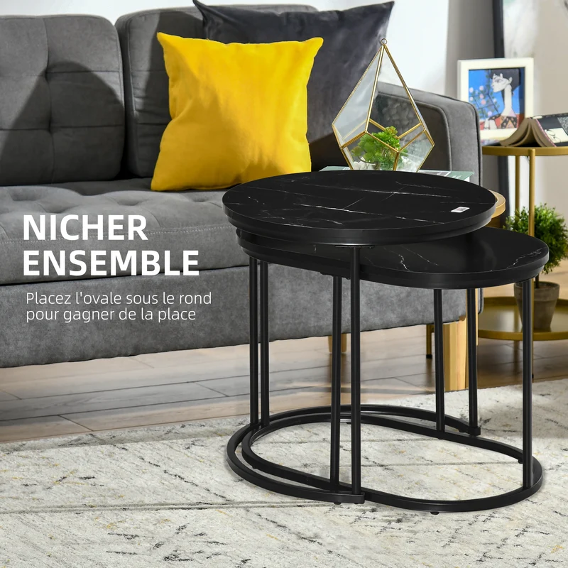 Lot de 2 tables basses gigognes encastrables salon 50 x 50.5 cm et 60 x 36 x 43.5 cm gain de place moderne en MDF noir 21_0003067