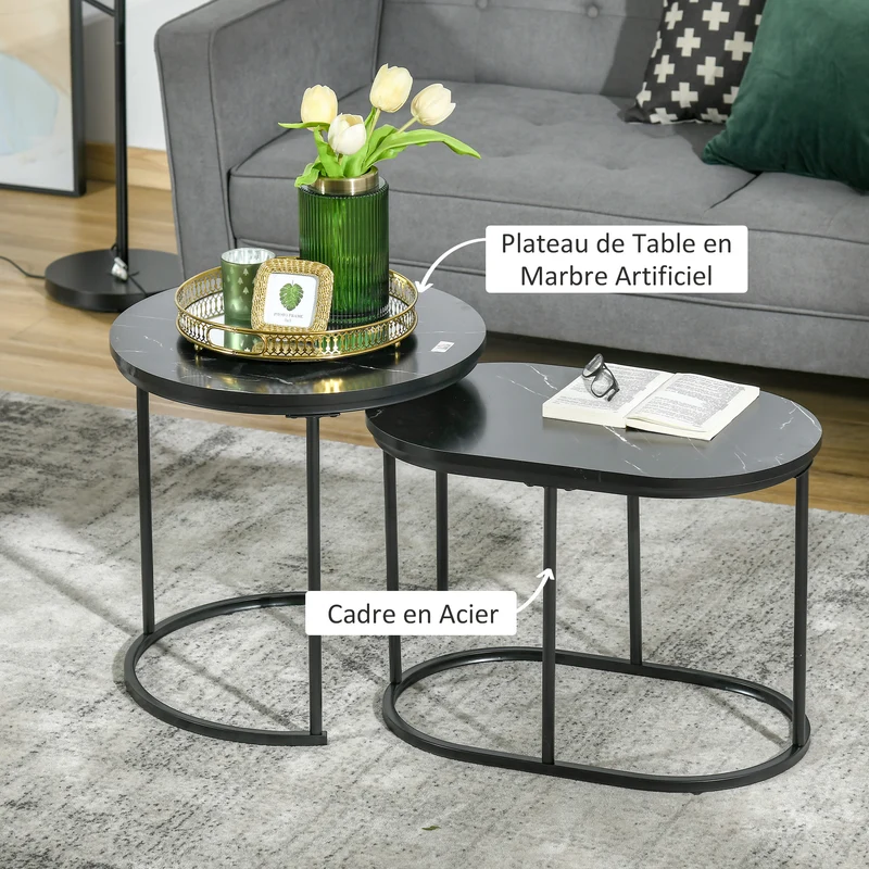 Lot de 2 tables basses gigognes encastrables salon 50 x 50.5 cm et 60 x 36 x 43.5 cm gain de place moderne en MDF noir 21_0003067