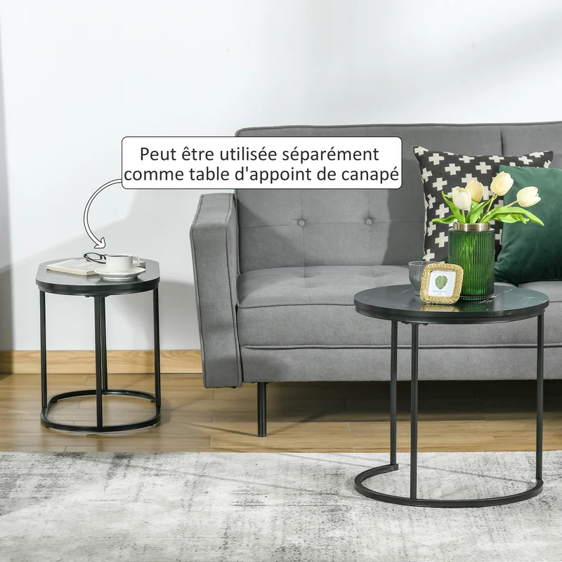 Lot de 2 tables basses gigognes encastrables salon 50 x 50.5 cm et 60 x 36 x 43.5 cm gain de place moderne en MDF noir 21_0003067