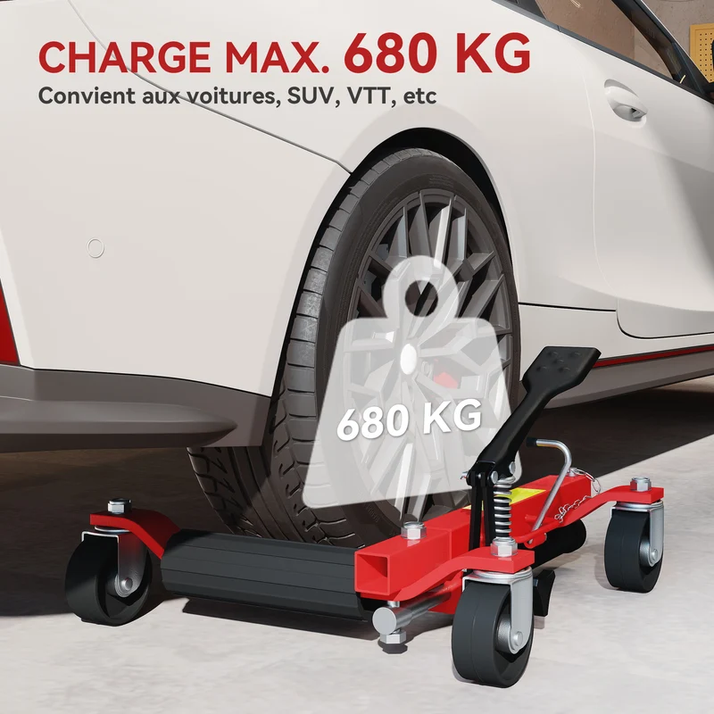 Lot de 2 chariots manutention voiture 56 x 54 x 19.5 cm 680 kg levage pédale roues 360° garage industriel en acier noir 21_0007181