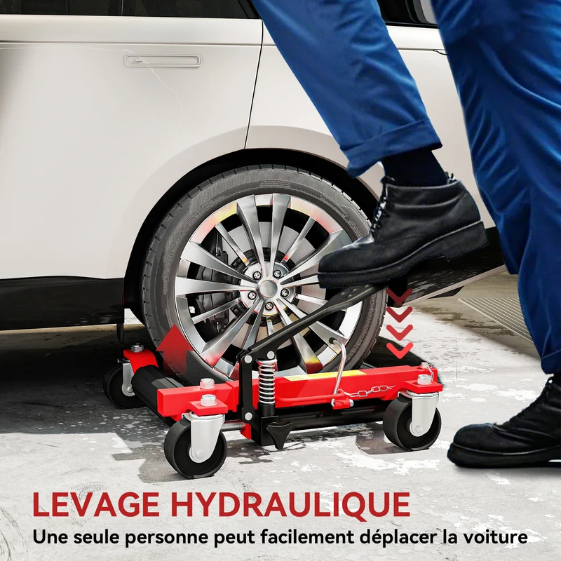 Lot de 2 chariots manutention voiture 56 x 54 x 19.5 cm 680 kg levage pédale roues 360° garage industriel en acier noir 21_0007181