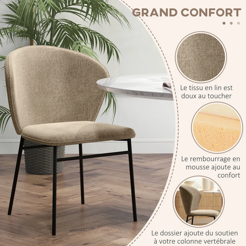 Lot de 2 chaises salle à manger assise rembourrée dossier incurvé 52 x 55 x 80 cm confort mousse moderne en tissu beige 21_0003203