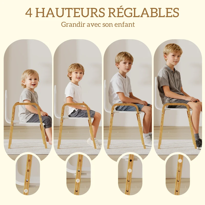 Lot de 2 chaises pour enfants 39 x 34 x 61.5 cm réglables patins antidérapants épuré moderne en bois de bouleau blanc 21_0000235