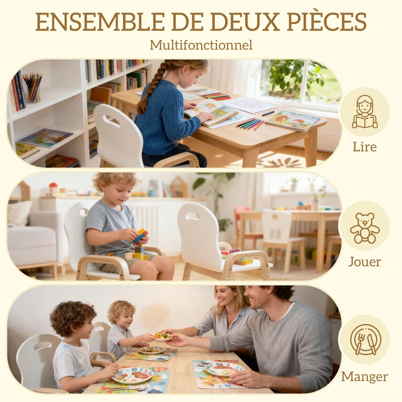 Lot de 2 chaises pour enfants 39 x 34 x 61.5 cm réglables patins antidérapants épuré moderne en bois de bouleau blanc 21_0000235