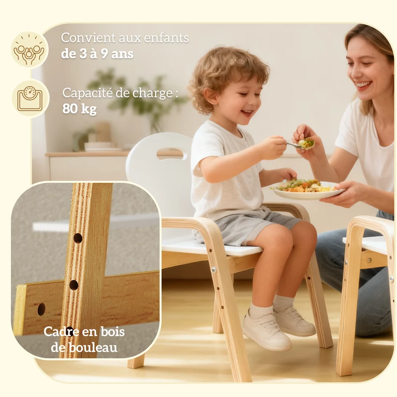 Lot de 2 chaises pour enfants 39 x 34 x 61.5 cm réglables patins antidérapants épuré moderne en bois de bouleau blanc 21_0000235