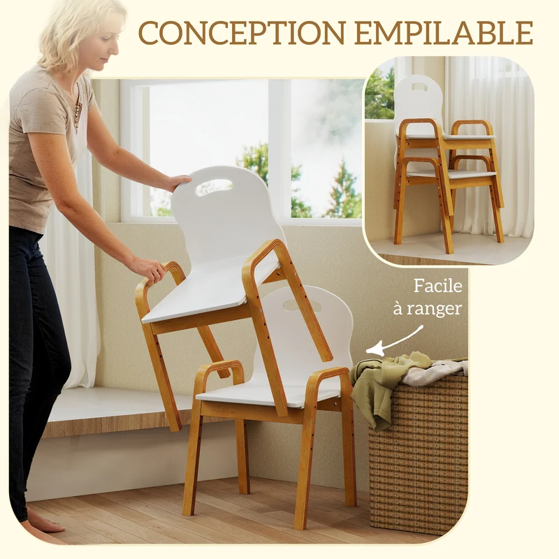 Lot de 2 chaises pour enfants 39 x 34 x 61.5 cm réglables patins antidérapants épuré moderne en bois de bouleau blanc 21_0000235