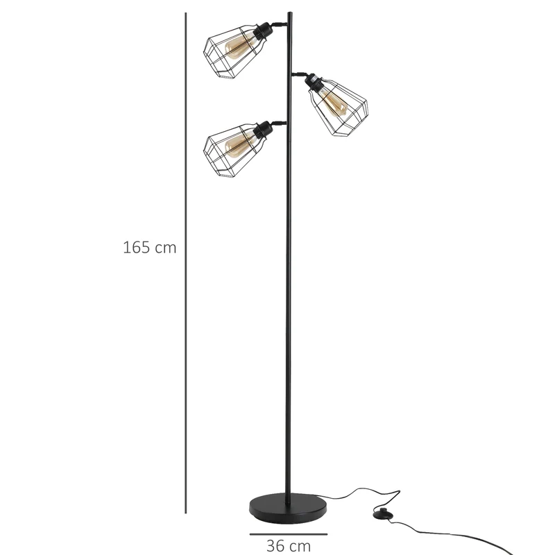 Lampadaire salon 36 x 36 x 165 cm 3 abat-jours cage commutateur au pied finition mate industriel vintage en acier noir 21_0007009