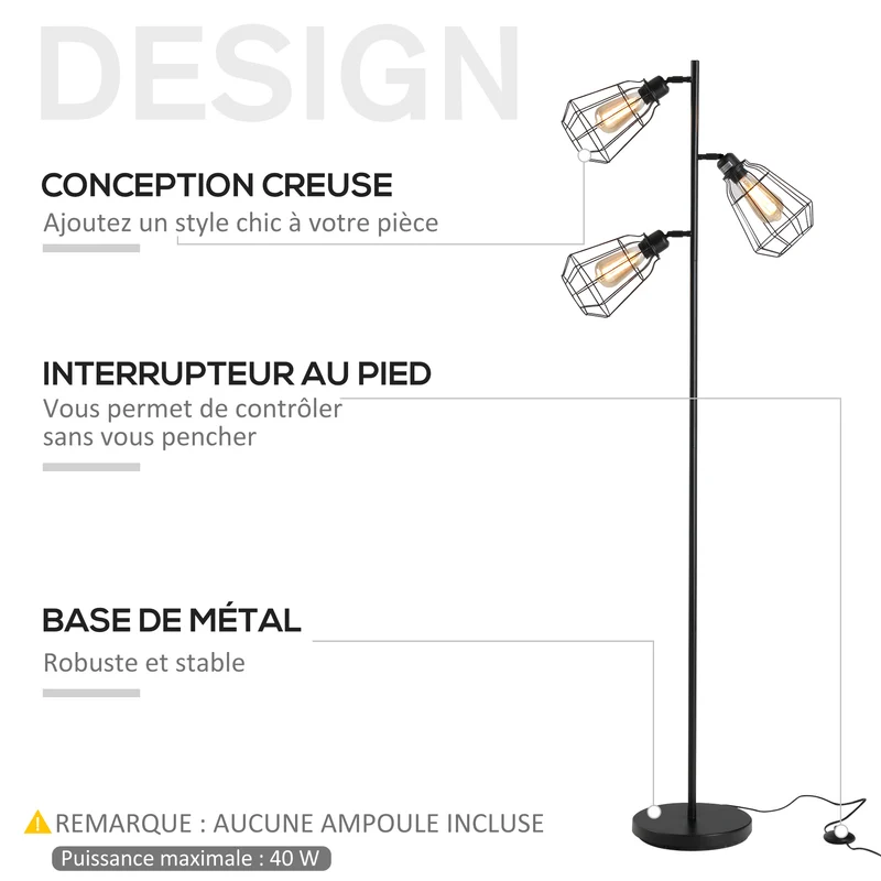 Lampadaire salon 36 x 36 x 165 cm 3 abat-jours cage commutateur au pied finition mate industriel vintage en acier noir 21_0007009