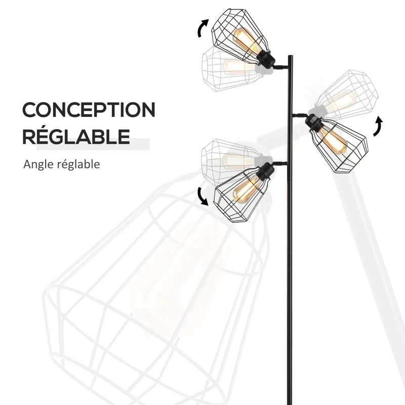 Lampadaire salon 36 x 36 x 165 cm 3 abat-jours cage commutateur au pied finition mate industriel vintage en acier noir 21_0007009
