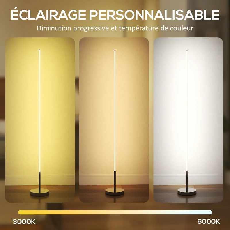 Lampadaire salon 20 x 150 x 20 cm variateur intensité télécommande barre lumineuse 130cm moderne épuré en aluminium gris 21_0007060