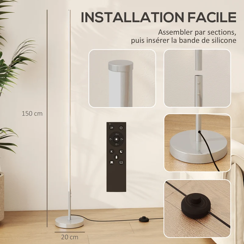 Lampadaire salon 20 x 150 x 20 cm variateur intensité télécommande barre lumineuse 130cm moderne épuré en aluminium gris 21_0007060