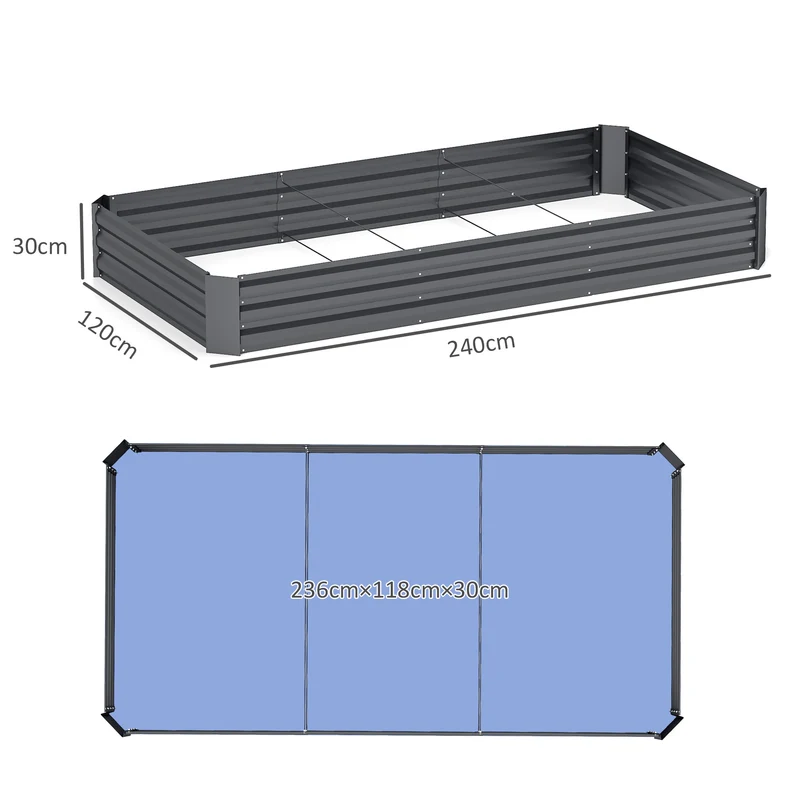 Jardinière extérieure rectangulaire potager 240 x 120 x 30 cm capacité 835 l anti-rouille industriel en acier gris foncé 21_0005523