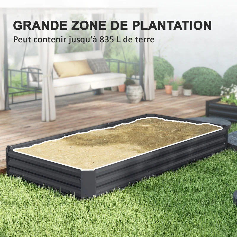 Jardinière extérieure rectangulaire potager 240 x 120 x 30 cm capacité 835 l anti-rouille industriel en acier gris foncé 21_0005523