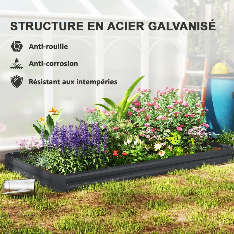 Jardinière extérieure rectangulaire potager 240 x 120 x 30 cm capacité 835 l anti-rouille industriel en acier gris foncé 21_0005523