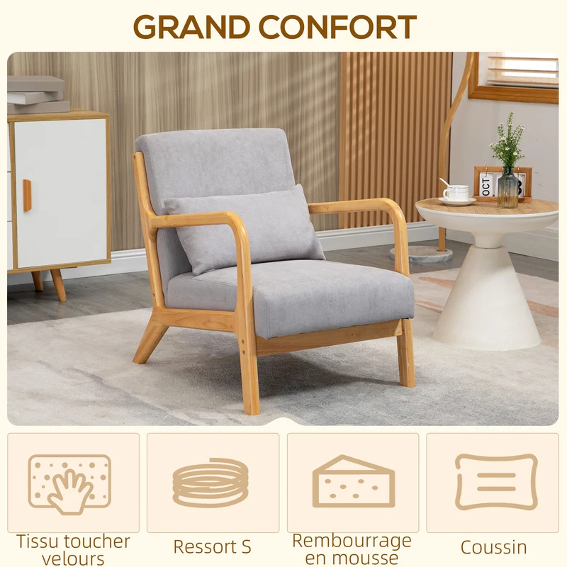Fauteuil de salon assise profonde accoudoirs dossier incliné 61 x 71 x 76 cm confort scandinave chic en velours gris 21_0003091