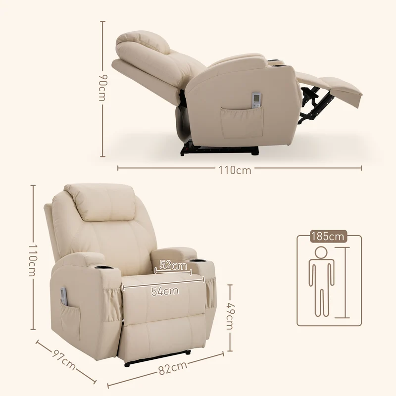 Fauteuil de relaxation massant inclinable 82 x 97 x 110 cm 8 points de massage repose-pieds contemporain en PU crème 21_0000802