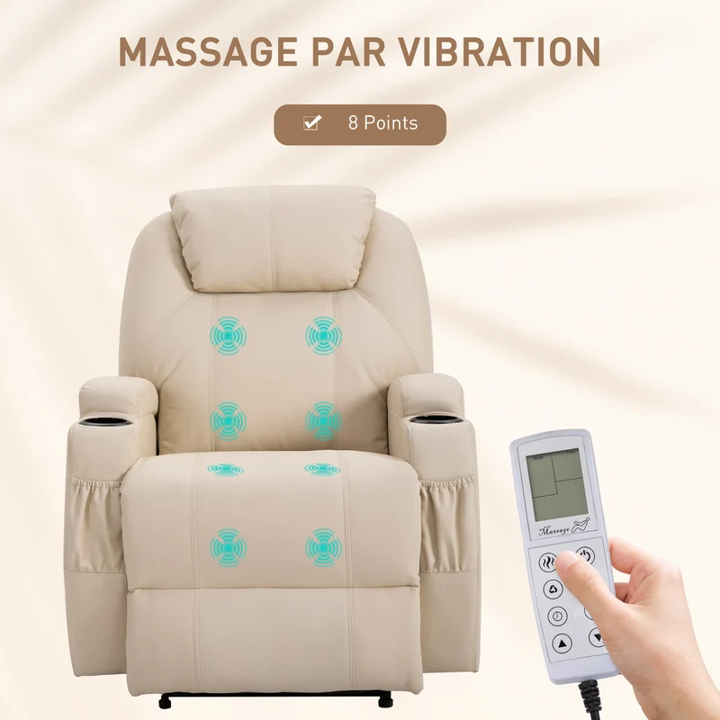 Fauteuil de relaxation massant inclinable 82 x 97 x 110 cm 8 points de massage repose-pieds contemporain en PU crème 21_0000802