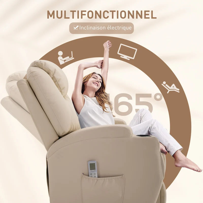 Fauteuil de relaxation massant inclinable 82 x 97 x 110 cm 8 points de massage repose-pieds contemporain en PU crème 21_0000802