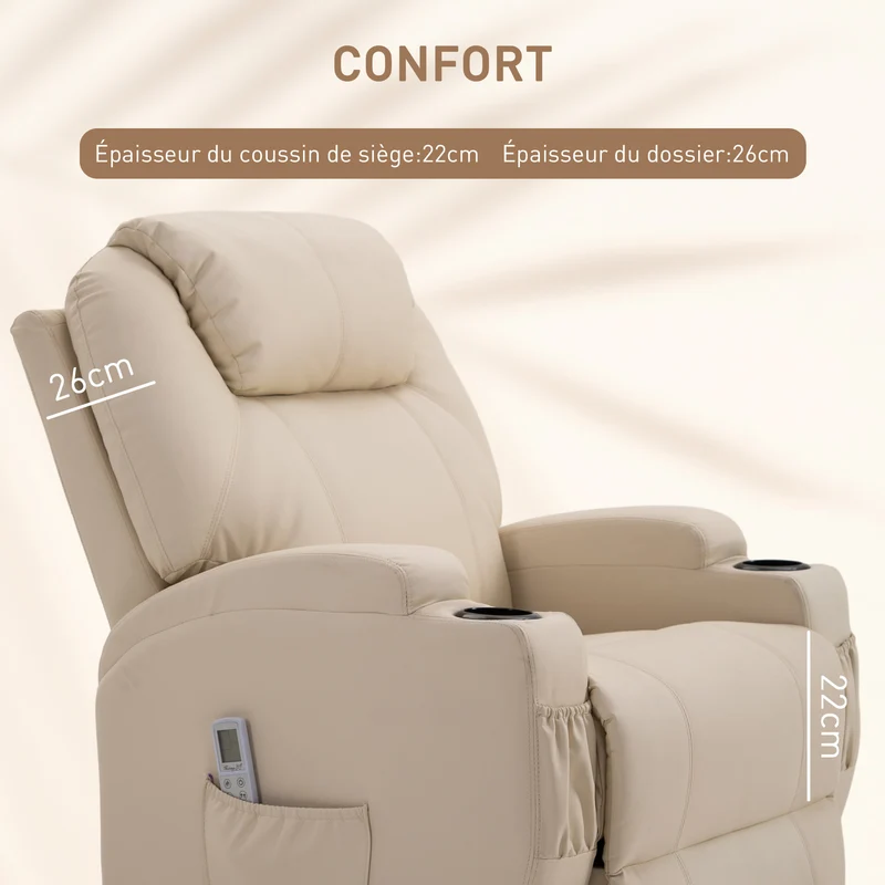 Fauteuil de relaxation massant inclinable 82 x 97 x 110 cm 8 points de massage repose-pieds contemporain en PU crème 21_0000802