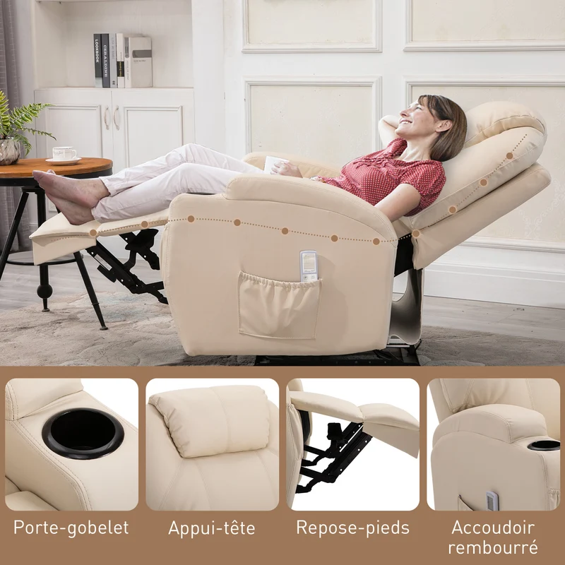 Fauteuil de relaxation massant inclinable 82 x 97 x 110 cm 8 points de massage repose-pieds contemporain en PU crème 21_0000802