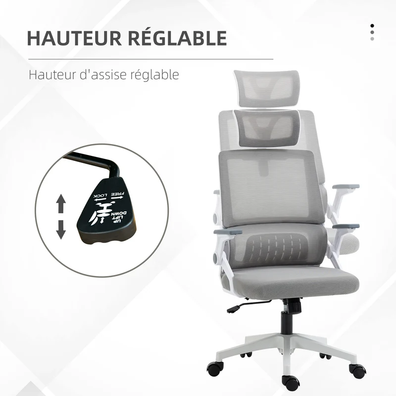 Fauteuil de bureau ergonomique inclinable 60 x 61 x 104.5-121.5 cm réglable dossier lombaire moderne en maille gris 21_0006248