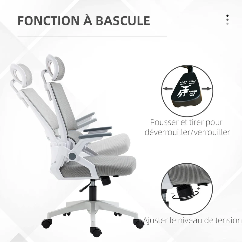 Fauteuil de bureau ergonomique inclinable 60 x 61 x 104.5-121.5 cm réglable dossier lombaire moderne en maille gris 21_0006248