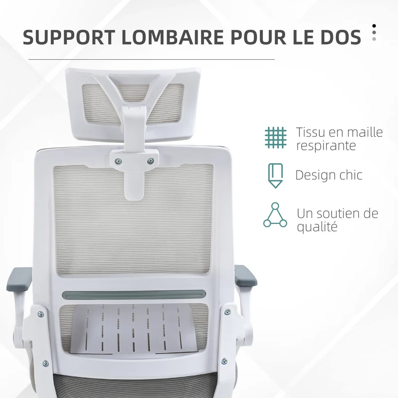 Fauteuil de bureau ergonomique inclinable 60 x 61 x 104.5-121.5 cm réglable dossier lombaire moderne en maille gris 21_0006248