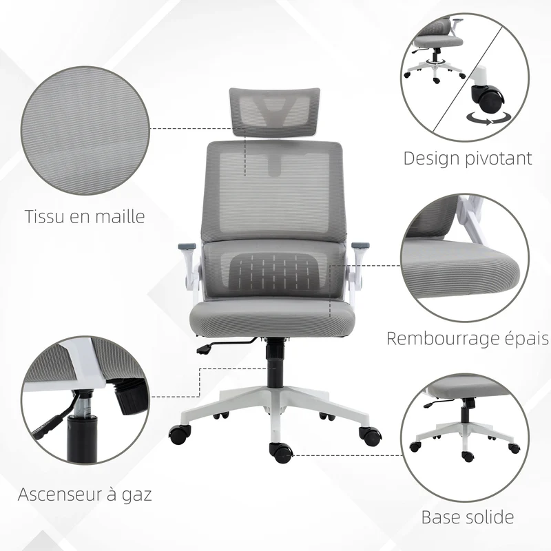 Fauteuil de bureau ergonomique inclinable 60 x 61 x 104.5-121.5 cm réglable dossier lombaire moderne en maille gris 21_0006248
