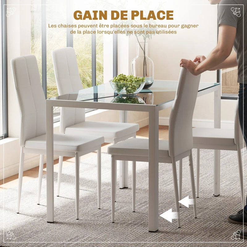Ensemble table rectangulaire 4 chaises 120 x 70 x 75 cm gain de place dossier haut moderne scandinave en verre blanc 21_0002203