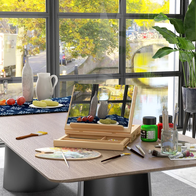 Chevalet de table pliable avec tiroir rangements angle réglable 33.5 x 26 x 26 cm design épuré en bois de hêtre naturel 21_0006113