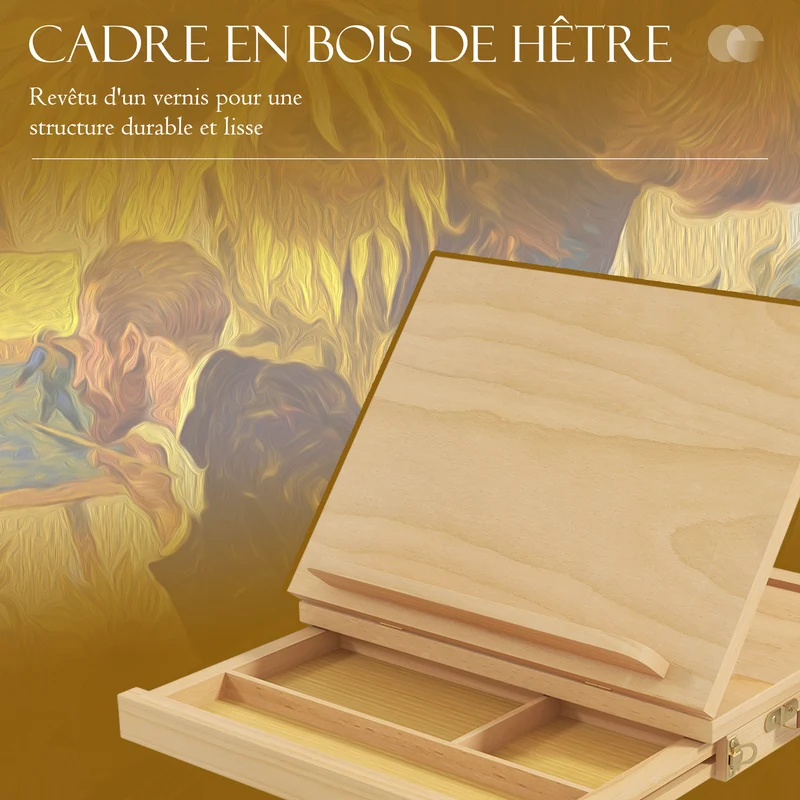 Chevalet de table pliable avec tiroir rangements angle réglable 33.5 x 26 x 26 cm design épuré en bois de hêtre naturel 21_0006113