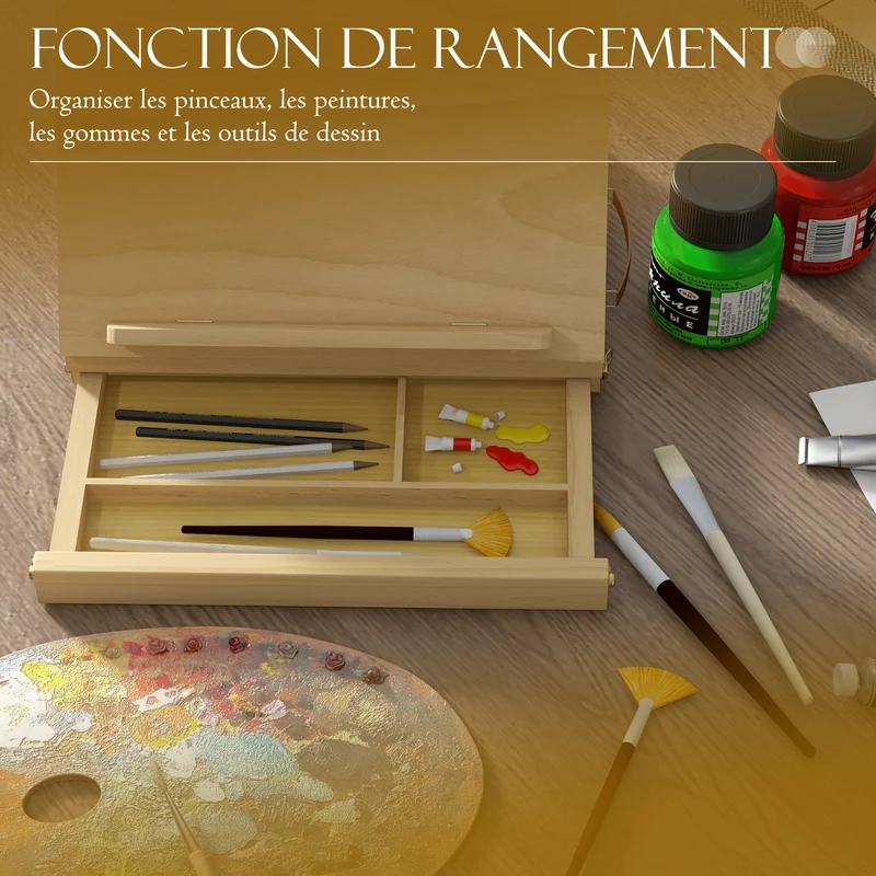 Chevalet de table pliable avec tiroir rangements angle réglable 33.5 x 26 x 26 cm design épuré en bois de hêtre naturel 21_0006113