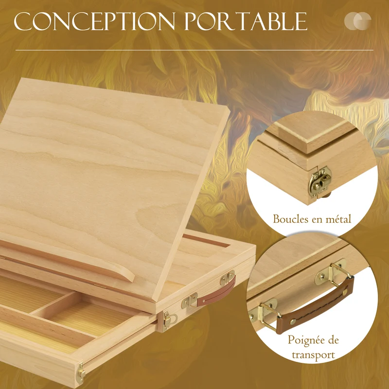 Chevalet de table pliable avec tiroir rangements angle réglable 33.5 x 26 x 26 cm design épuré en bois de hêtre naturel 21_0006113