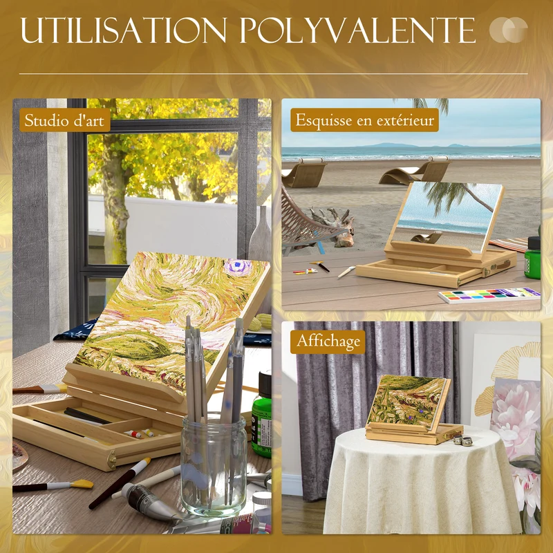 Chevalet de table pliable avec tiroir rangements angle réglable 33.5 x 26 x 26 cm design épuré en bois de hêtre naturel 21_0006113