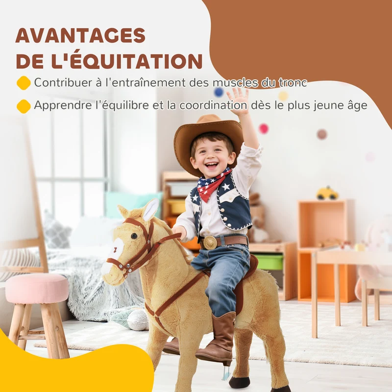 Cheval debout pour enfant 85 x 28 x 60 cm avec effets sonores selle moelleuse décoratif scandinave en peluche beige 21_0000273