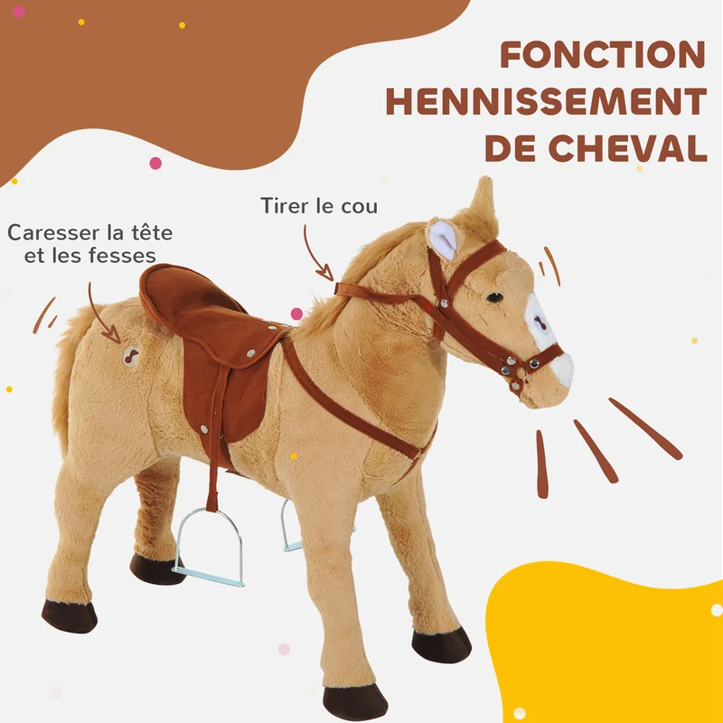 Cheval debout pour enfant 85 x 28 x 60 cm avec effets sonores selle moelleuse décoratif scandinave en peluche beige 21_0000273