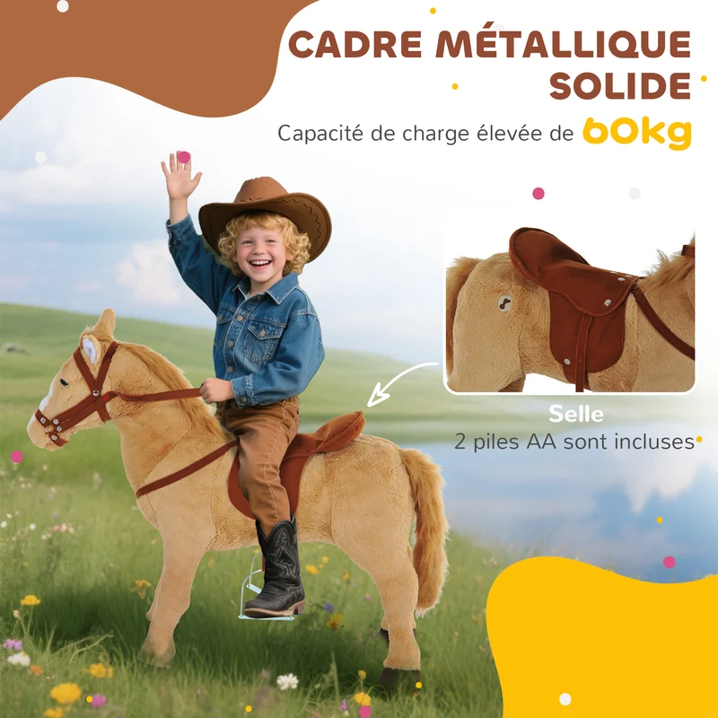 Cheval debout pour enfant 85 x 28 x 60 cm avec effets sonores selle moelleuse décoratif scandinave en peluche beige 21_0000273