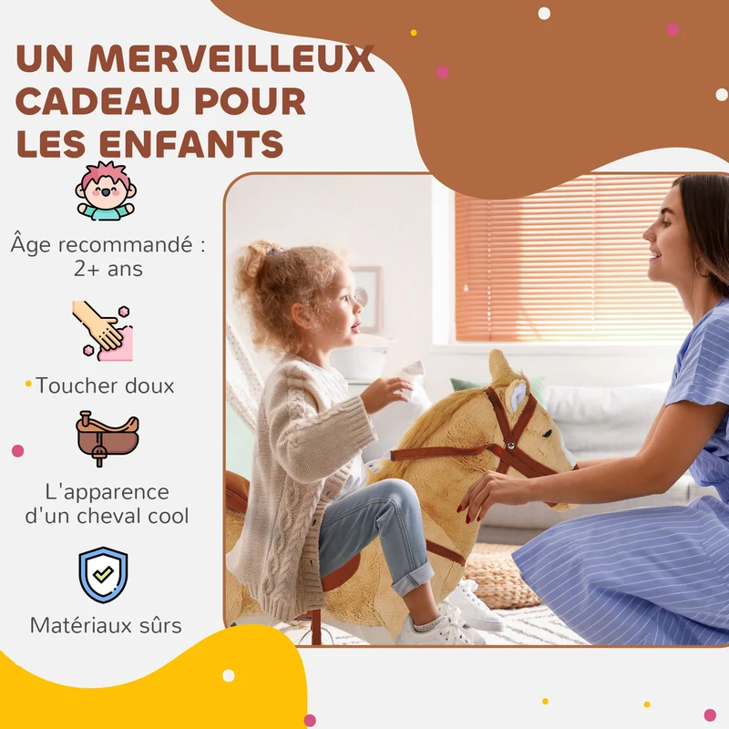 Cheval debout pour enfant 85 x 28 x 60 cm avec effets sonores selle moelleuse décoratif scandinave en peluche beige 21_0000273