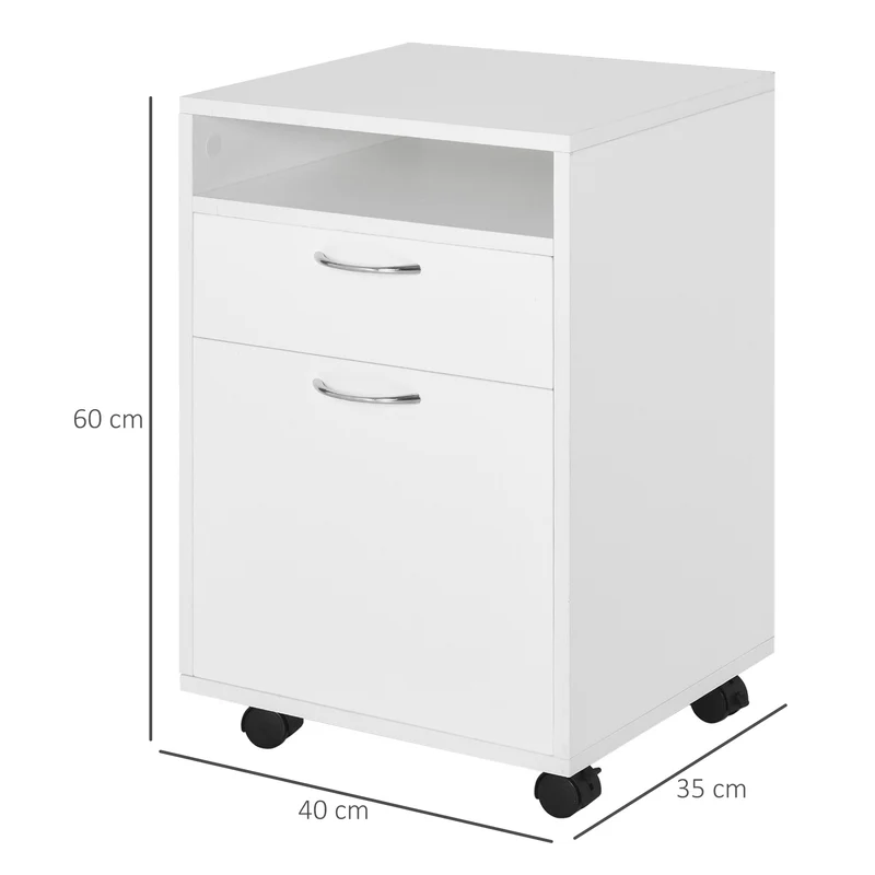 Caisson de bureau sur roulettes freinées 40 x 35 x 60 cm rangement tiroir placard moderne en panneaux de particules blanc 21_0002385
