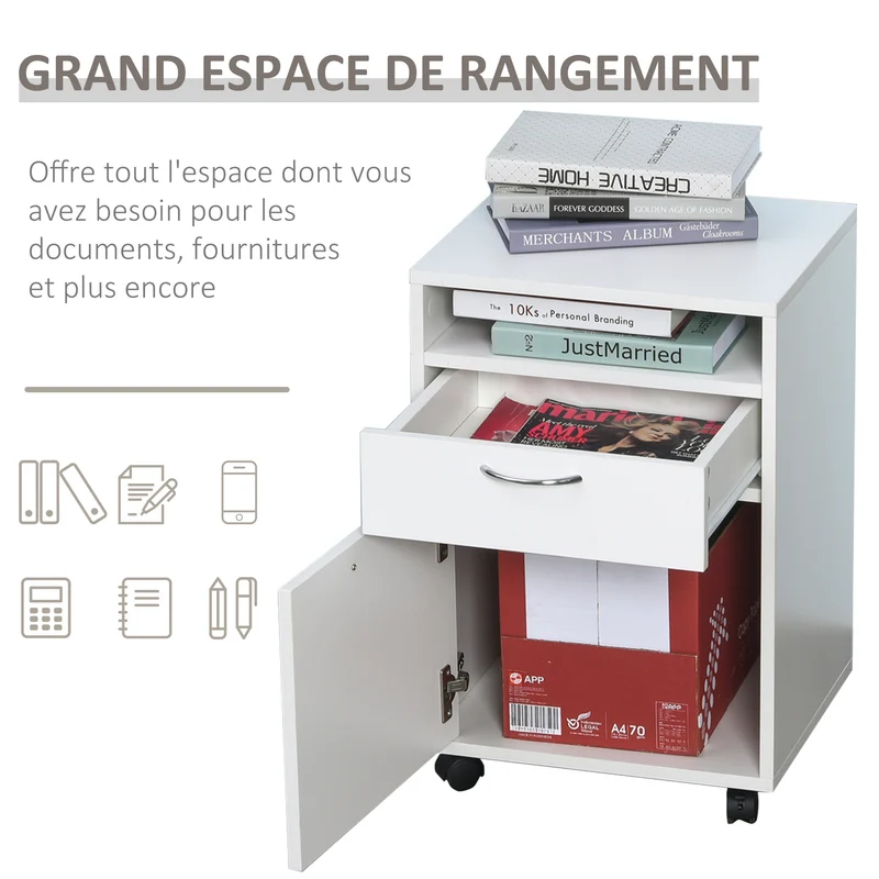 Caisson de bureau sur roulettes freinées 40 x 35 x 60 cm rangement tiroir placard moderne en panneaux de particules blanc 21_0002385