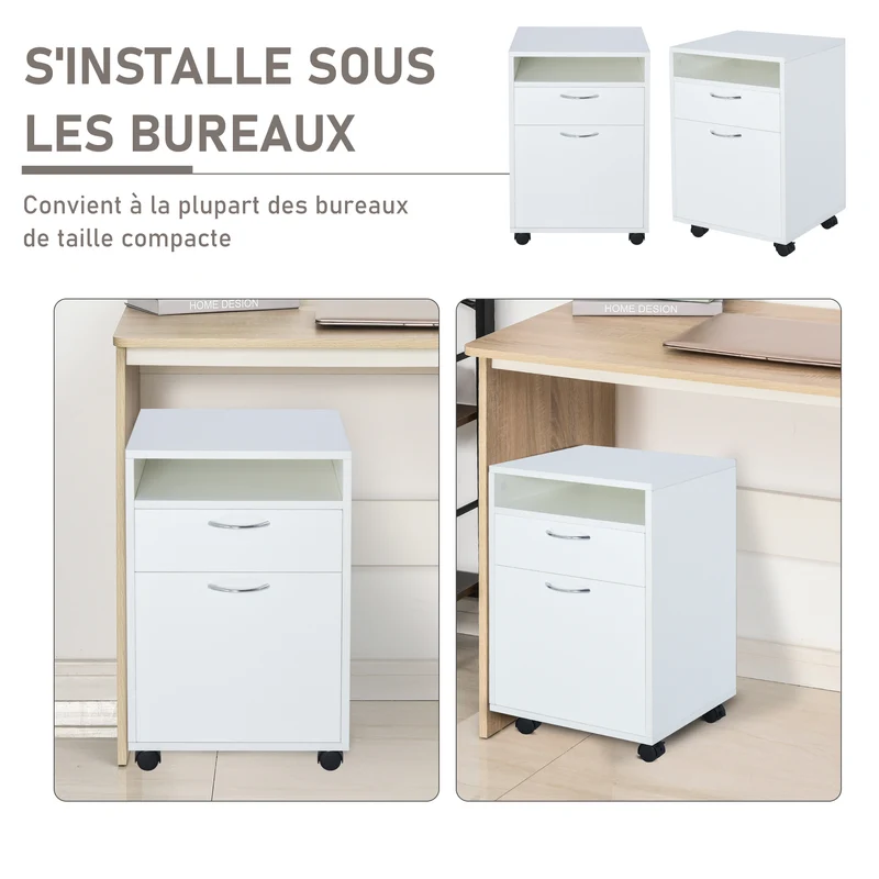 Caisson de bureau sur roulettes freinées 40 x 35 x 60 cm rangement tiroir placard moderne en panneaux de particules blanc 21_0002385