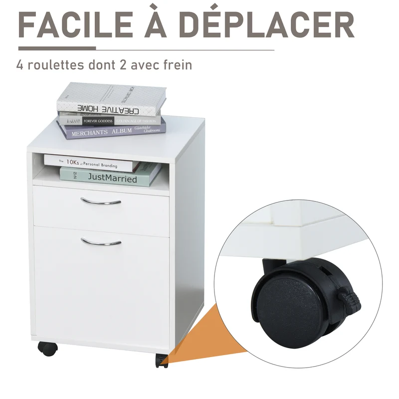 Caisson de bureau sur roulettes freinées 40 x 35 x 60 cm rangement tiroir placard moderne en panneaux de particules blanc 21_0002385
