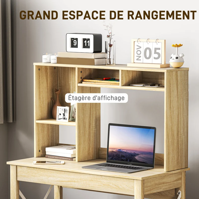 Bureau bibliothèque compact studio 105 x 50 x 137.5 cm rangement grand plateau moderne contemporain épuré en bois chêne 21_0002461