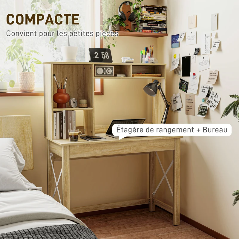 Bureau bibliothèque compact studio 105 x 50 x 137.5 cm rangement grand plateau moderne contemporain épuré en bois chêne 21_0002461