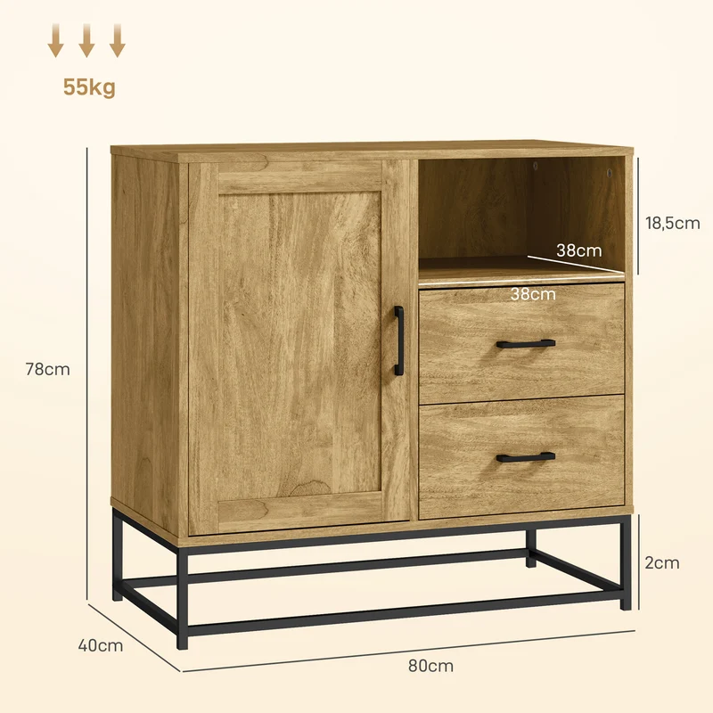 Buffet de rangement 80 x 40 x 78 cm 2 tiroirs coulissants cosy style scandinave en panneau de particules bois naturel 21_0003423